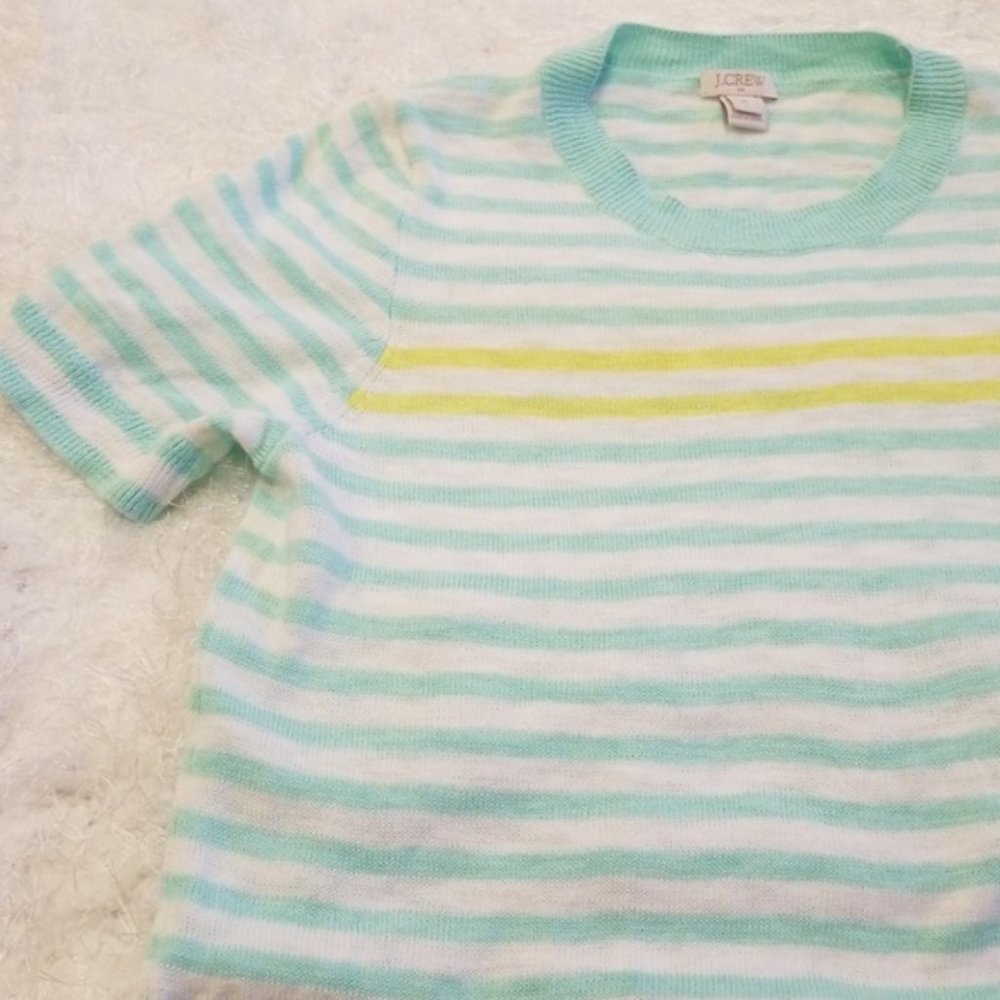 XS J Crew short sleeve sweater mint yellow striped